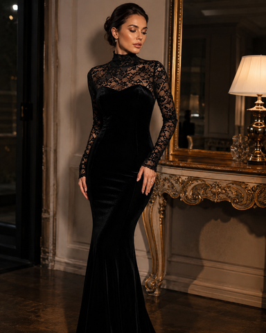 The Stewardess Dress: Long Velvet lace Dress